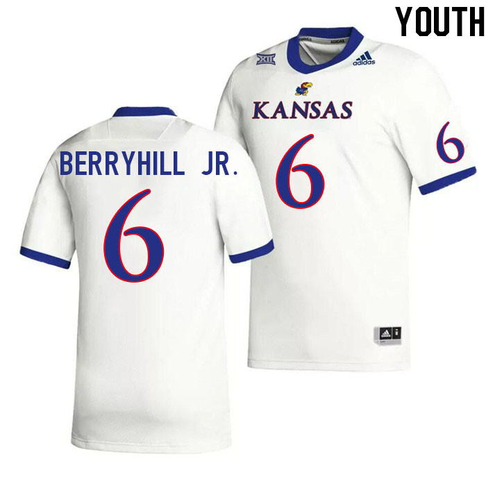 Youth #6 Taiwan Berryhill Jr. Kansas Jayhawks College Football Jerseys Stitched Sale-White - Click Image to Close